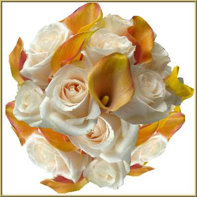 Peach, gold, white wedding bouquet