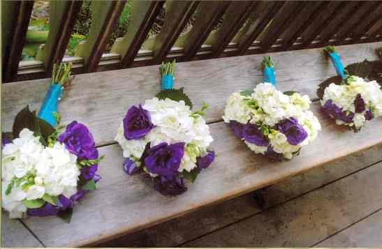 Turquiose, purple and white bouquets