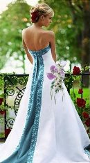 White, blue, teal wedding gown