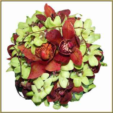 Green and rust toned, orange orchids bouquet